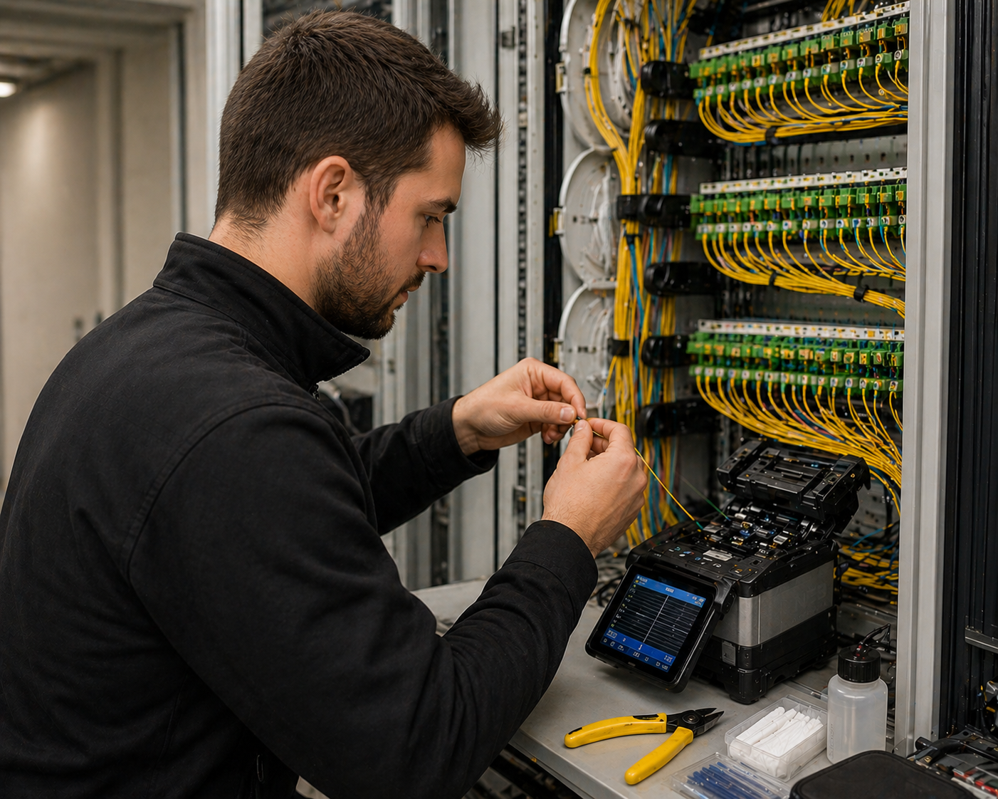 Techniker bei Glasfaser-Spleißarbeiten